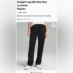 Lululemon. Straight Leg MR Luxtreme Pant. Regular.NWT.